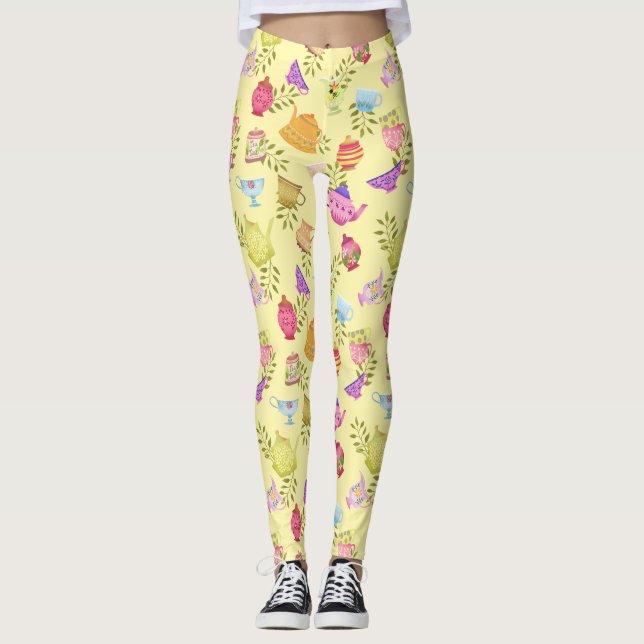 Leggings Pots de thé et tasses Jaune (Devant)