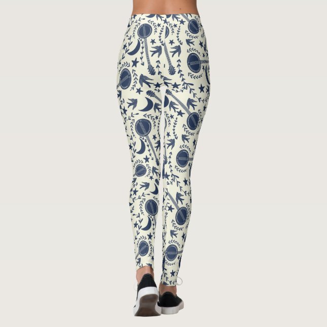 Leggings Pour Banjo Players Blue et Cream Folk Art Motif (Dos)