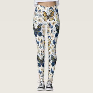 Leggings pour femmes à motif floral papillon bleu