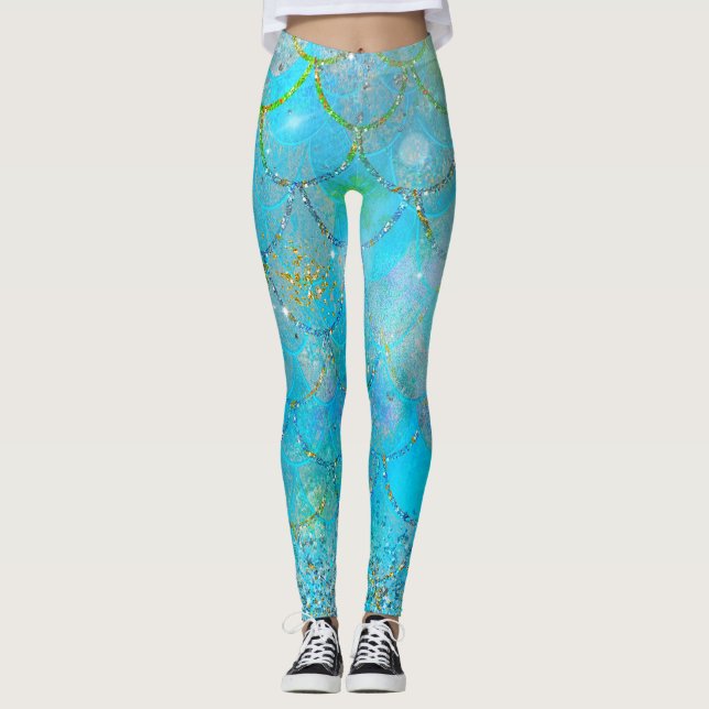 Leggings Pretty Iridescent Blue Shtoujours Mermaid Scales (Devant)