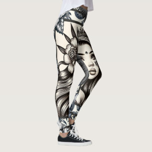 Leggings Princesse Polynésienne Fleurie Tribale Bleue