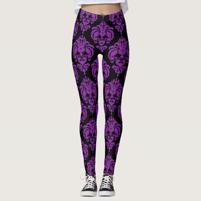 Leggings Purple Black Damask Chic Moderne Motif élégant (Devant)
