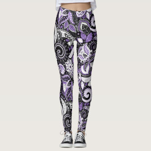 Leggings Purple White Black Paisley Motif d'impression