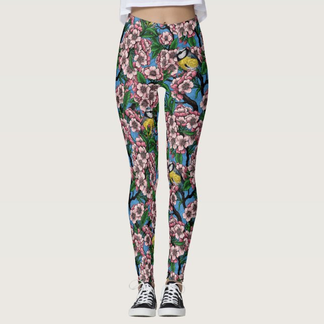 Leggings Rameaux bleus dans le cerisier en fleurs sur le bl (Devant)
