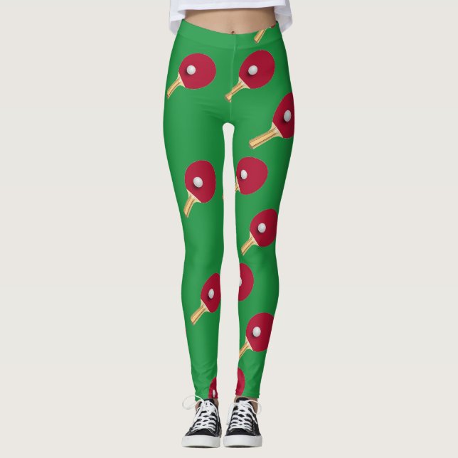 Leggings Raquette de ping-pong et boule sur vert (Devant)