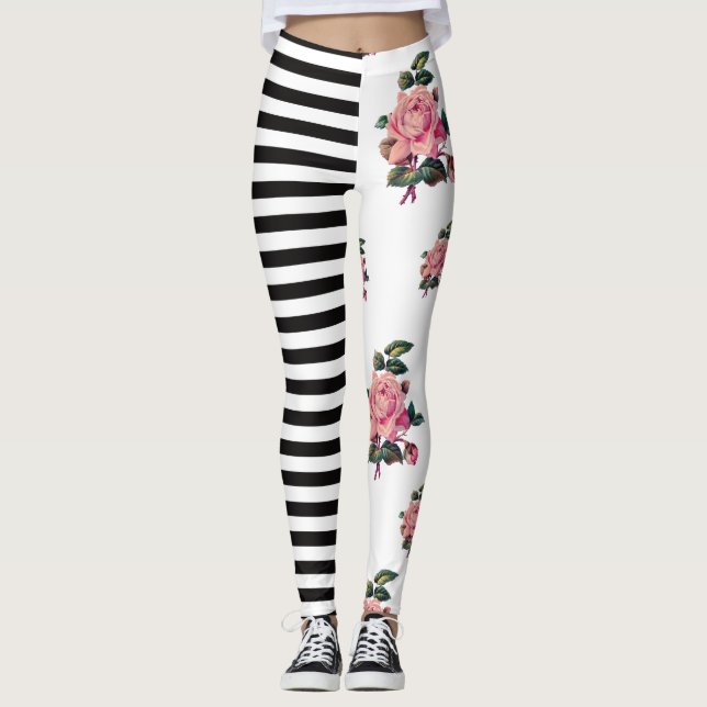 Leggings Rayure à doses égales et rose floraux (Devant)