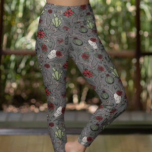 Leggings Red and Green Country Cowgirl Deer Crâne & Antlers