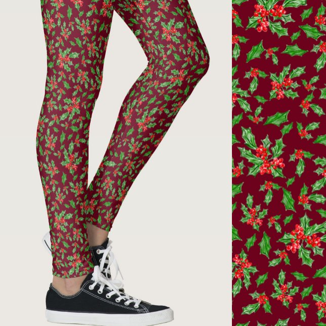 Leggings Red and green holly Christmas Patterned (Créateur téléchargé)