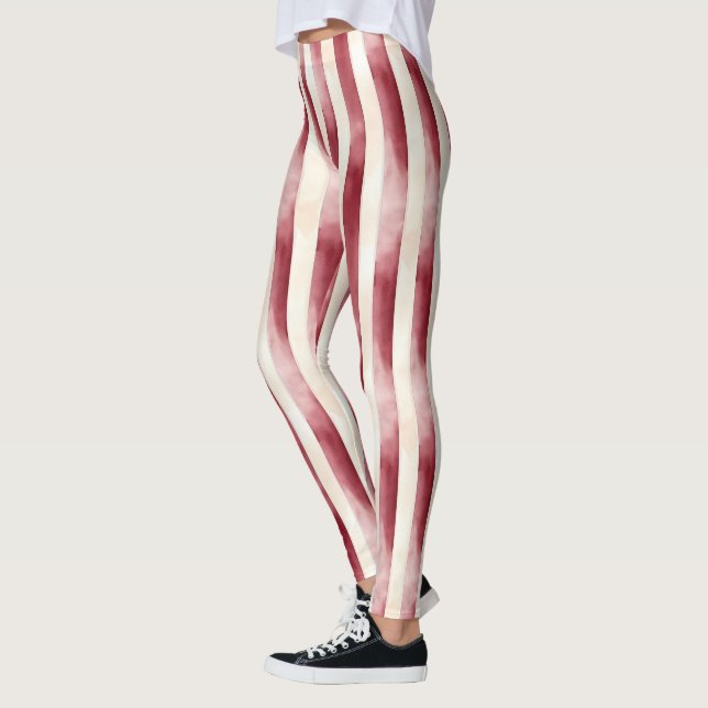 Leggings Red Burgundy Cream Stripes Christmas (Gauche)
