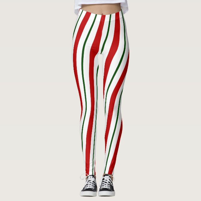 Leggings Red Green & White Sucre de canne Stripes Noël (Devant)