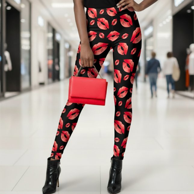 Leggings Red Lips Pattern Black (Red Lips Pattern Black Leggings
)