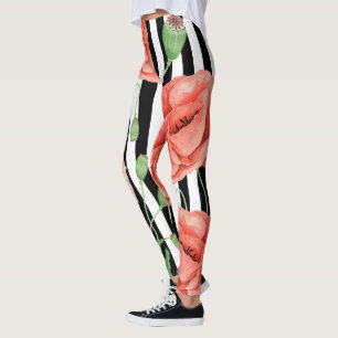 Leggings Red Poppies Black Stripes Chic