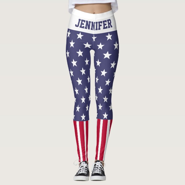 Leggings Red White Blue Stars Stripes USA flag Votre nom (Devant)