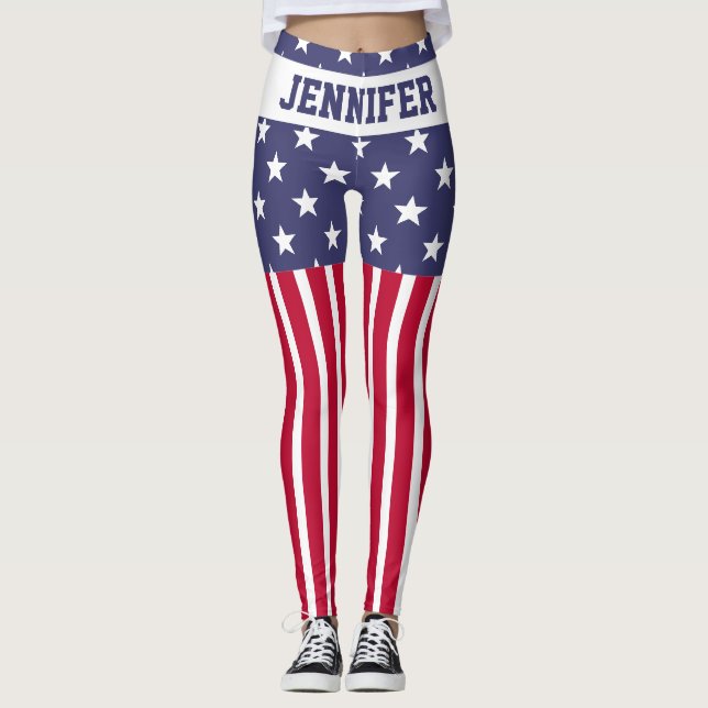 Leggings Red White Blue Stars Stripes USA flag Votre nom (Devant)