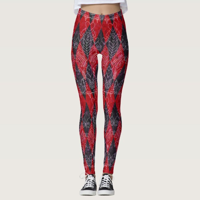 Leggings Reine des Coeurs Arlequin Rouge Noir Blanc (Devant)