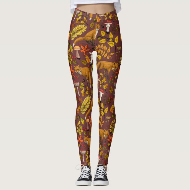 Leggings Renards d'automne sur chocolat brun (Devant)
