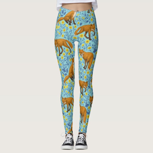 Leggings Renards et papillons sur le bleu de la piscine (Devant)
