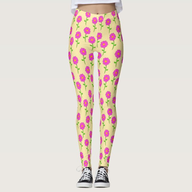 Leggings Repeat Flower Pattern with Hot Pink Flowers (Devant)