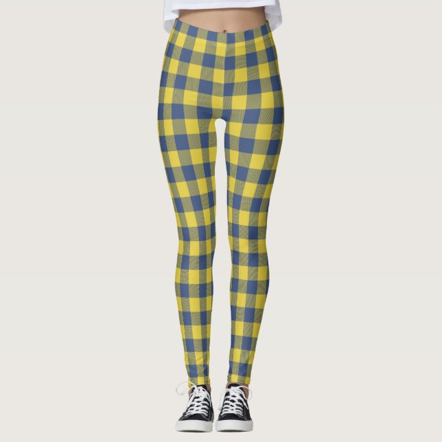 Leggings Retro Buffalo Plaid Tartan Motif jaune bleu  (Devant)
