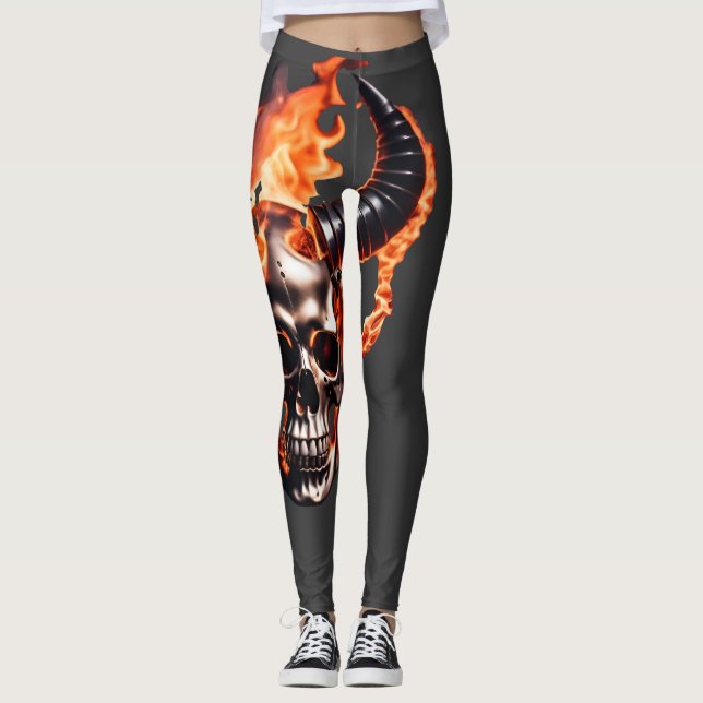 Leggings Retro Dead Burning Crâne avec corne en feu (Devant)