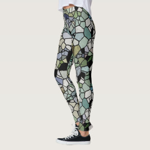 Leggings Retro Hip Taupe Turquoise Blue Green Mosaic Motif 