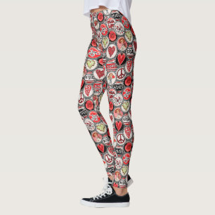 Leggings Retro Red Floral Heart Valentine's Day Bottle Casq