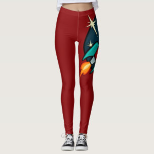 LEGGINGS RETRO ROCKET SHIP GRAPHIC RED LEGINGS