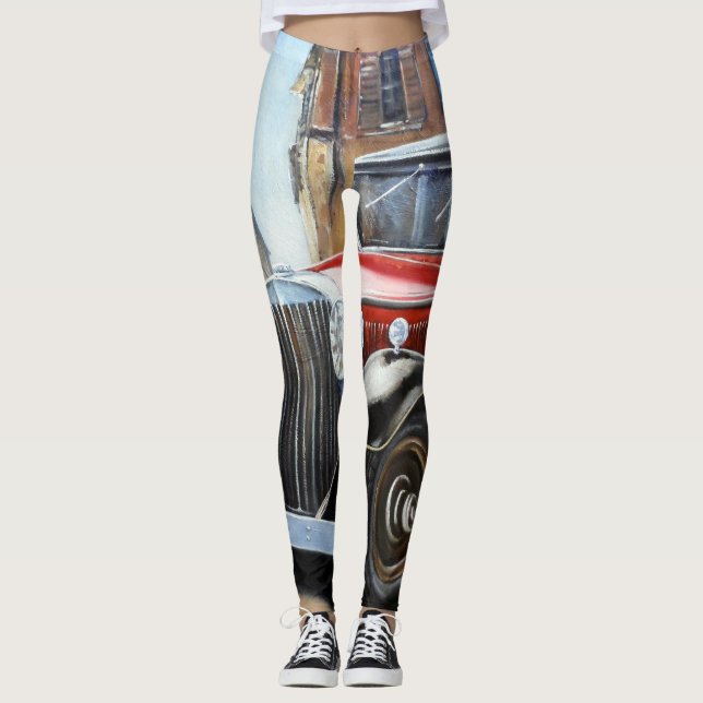 Leggings Retro Voiture Vieux Ville Peinture (Devant)