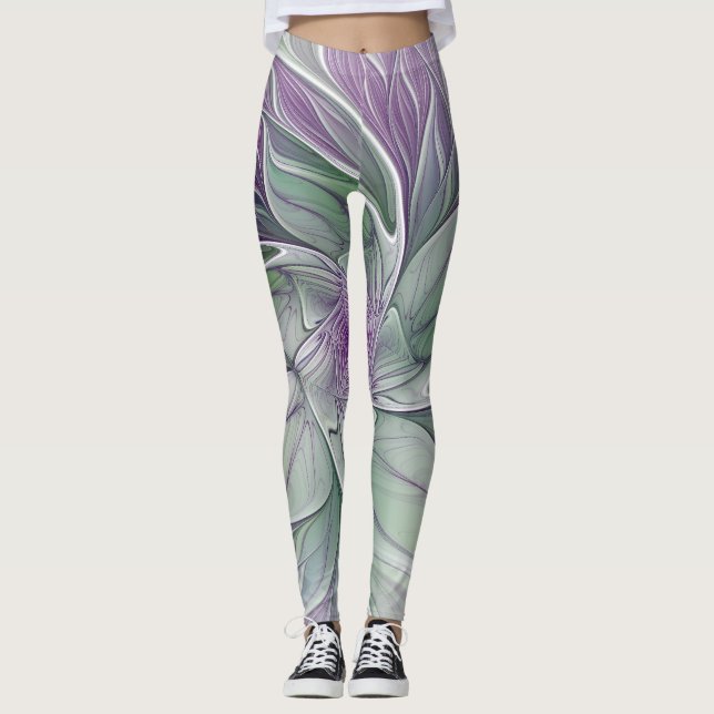 Leggings Rêve de fleurs, Abstrait violet vert Fractal Art (Devant)