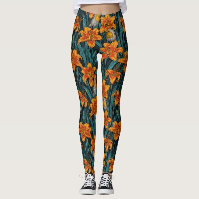 Leggings Robins et fleurs de lys, orange et bleu (Devant)