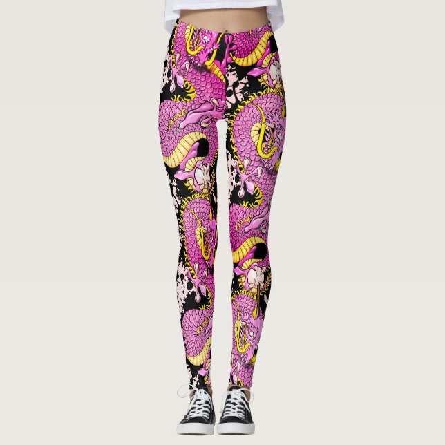 Leggings Rocher de tatouage de dragon rose vif (Devant)