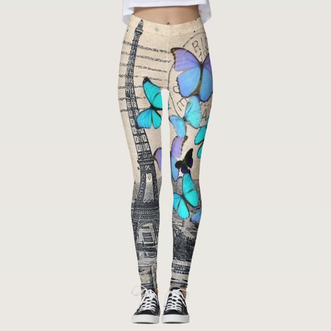 Leggings romantique papillon bleu français paris tour eiffe (Devant)