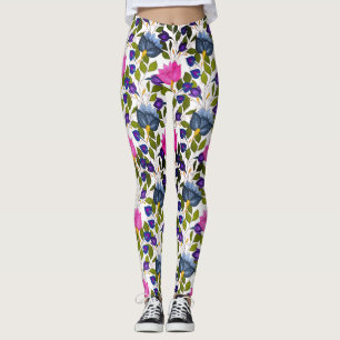 Leggings Rose Bleu Violet Fleurs Vert Et Blanche Fleur