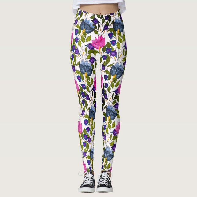 Leggings Rose Bleu Violet Fleurs Vert Et Blanche Fleur (Devant)