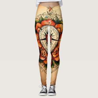 Leggings Rose de style tatouage boussole belle évocation es
