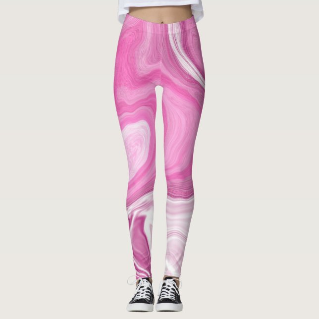 Leggings Rose et blanc avec une touche d'art marbré violet (Devant)