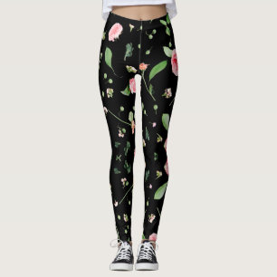 Leggings Rose et feuille sur arrière - plan noir romantique