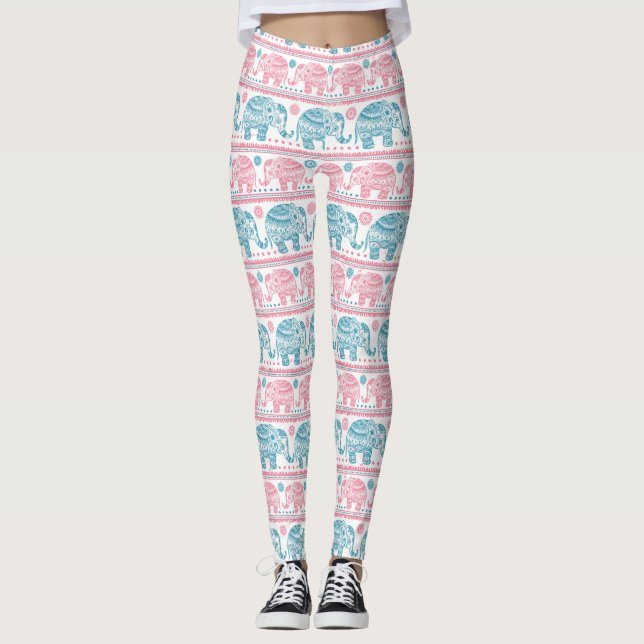 Leggings Rose et motif ethnique turquoise d'éléphant (Devant)