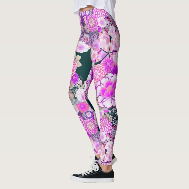 Leggings ROSE FLEURS BLANCHES Peony, Floral japonais Rose  (Gauche)