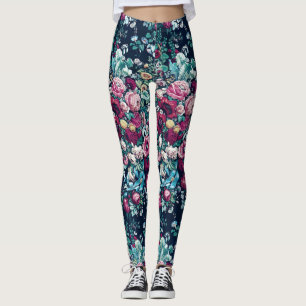 Leggings Rose Magenta Vert Bleu Peine Turquoise et Fleurs R