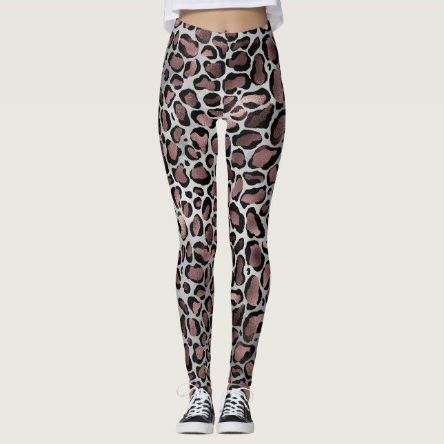 Leggings Rose métallique Gold & Black Leopard Spots sur bla (Devant)