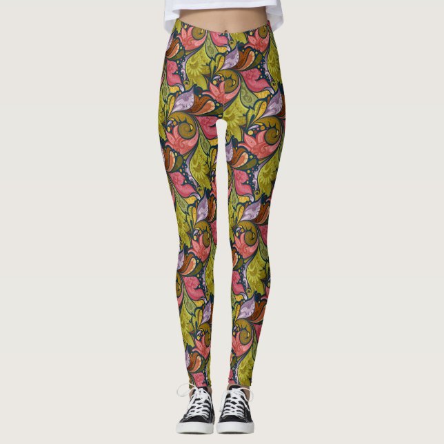 Leggings Rose Orange Jaune Vert Violet Fleurs Et Tourbillon (Devant)