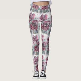 Leggings Rose rouge Aquarelle Fleur Rouge Jambes Florales
