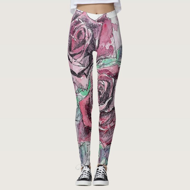 Leggings Rose rouge Aquarelle Fleur Rouge Jambes Florales (Devant)