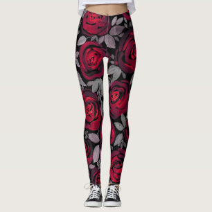 Leggings Roses aquarelle, roses rouges sur fond noir
