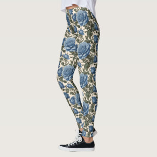 Leggings Roses Bleus Et Feuilles Verts,
