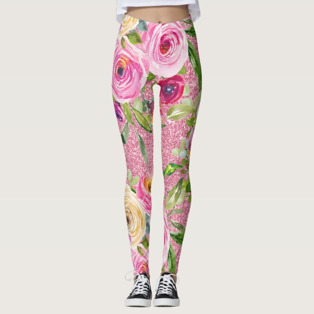 Leggings Roses d'aquarelle en rose et crème sur Parties sci (Devant)