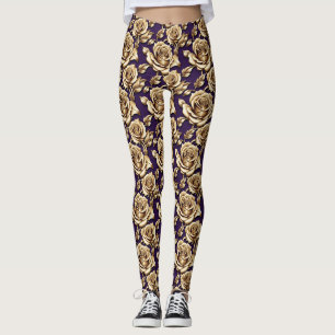 Leggings Roses en or métallisé sur fond violet foncé mat