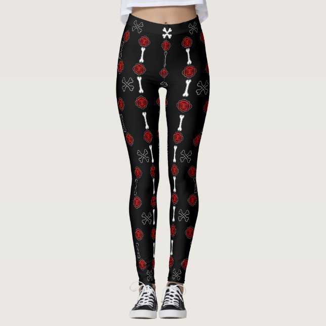 Leggings Roses morts (Noir avec Rouge) (Devant)