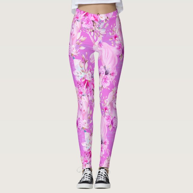 Leggings Roses roses et licornes roses (Devant)